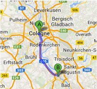 Map of distance from Cologne to Bonn Germany